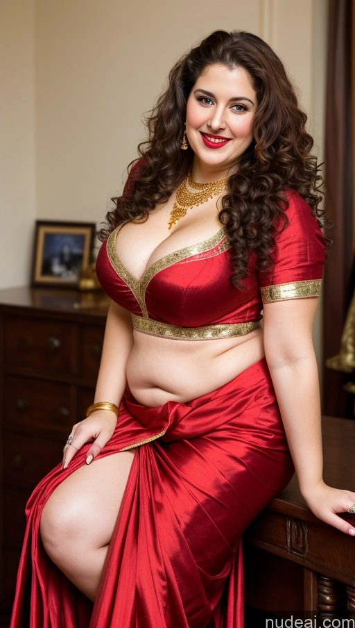 ai nude image of araffe woman in a red sari posing for a picture pics of Milf Busty Beautiful Lipstick Fairer Skin 20s Happy Seductive Brunette Curly Hair Russian Party Front View Straddling Sari Blouse Dirndl Victorian Cleavage Gold Jewelry Chubby Fat Thick Big Hips