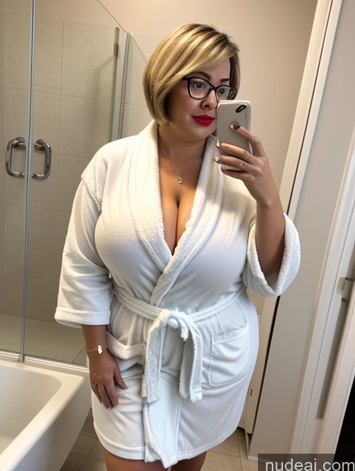 ai nude image of arafed woman in a white robe taking a selfie in a bathroom pics of Milf Busty Huge Boobs Beautiful Lipstick Big Ass Thick Chubby Fat Big Hips Short Several Glasses Blonde Short Hair Latina Mirror Selfie Bathroom Bathrobe