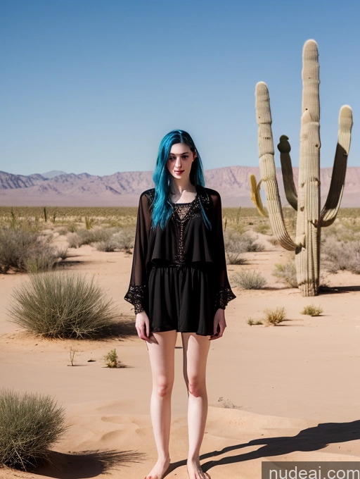 related ai porn images free for Woman 18 Long Hair Blue Hair Goth White Fairer Skin Short Skinny Front View Looking At Sky Desert