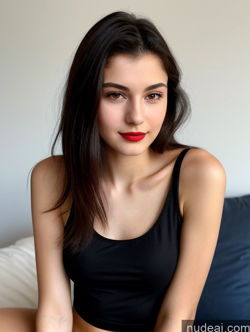 ai nude image of arafed woman sitting on a bed with a black top and red lipstick pics of Small Tits Beautiful Lipstick Skinny 18 Black Hair Straight Russian Close-up View Tank Top