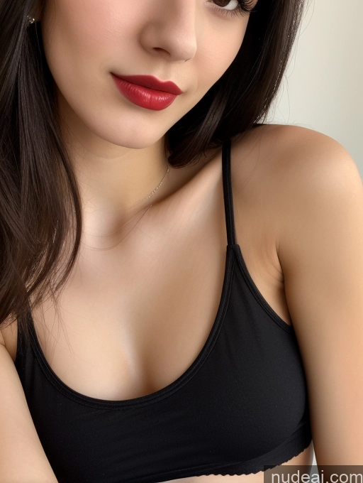 ai nude image of arafed woman with a black bra top and red lipstick posing for a picture pics of Small Tits Beautiful Lipstick Skinny 18 Black Hair Straight Russian Close-up View Tank Top