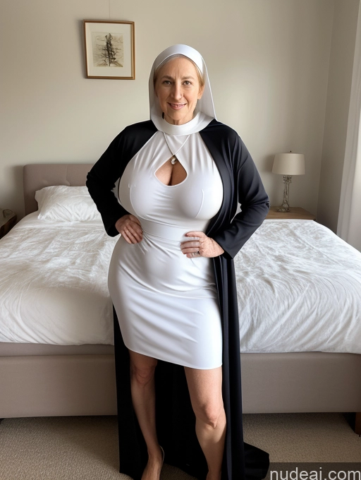 ai nude image of arafed woman in a nun costume posing in front of a bed pics of Woman Huge Boobs Perfect Boobs Perfect Body Fairer Skin Nun Jewelry Irish Big Ass Big Hips 70s White Hair Bedroom