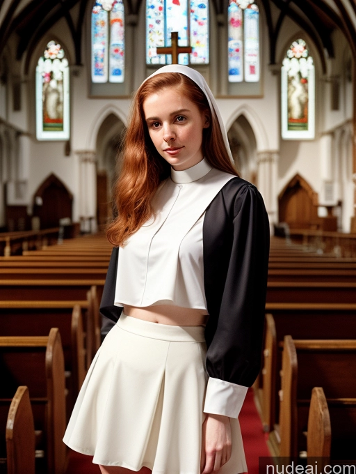 ai nude image of arafed woman in a white and black dress standing in a church pics of Woman Small Tits Small Ass Skinny Perfect Body Fairer Skin Pubic Hair 18 Long Hair Irish Church Vintage Blouse Micro Skirt Nun