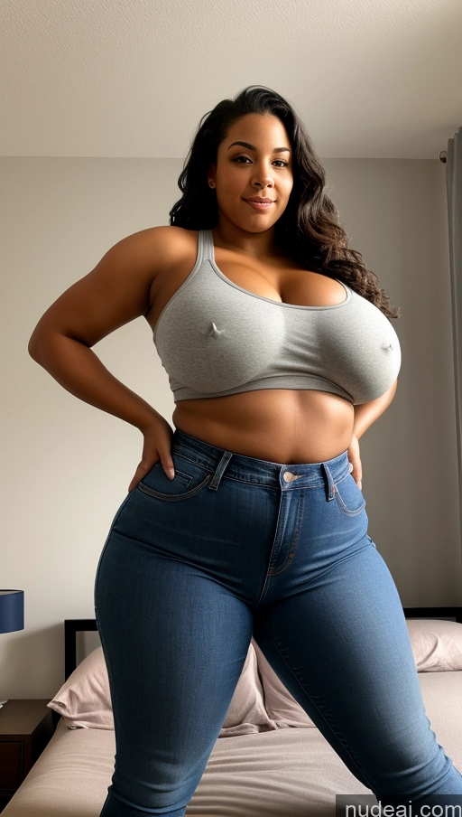 ai nude image of araffe woman in a gray top and jeans posing for a picture pics of Athlete Big Hips Big Ass Perfect Boobs Bedroom Jeans