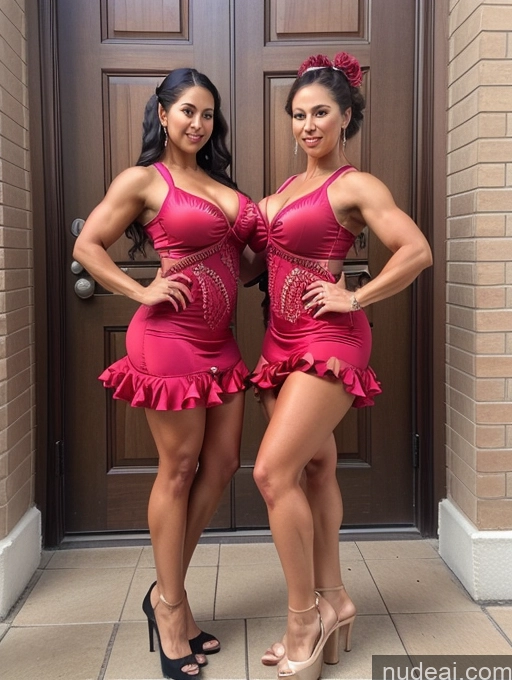 ai nude image of two women in pink dresses posing for a picture in front of a door pics of Woman Two Busty Perfect Boobs Beautiful Muscular Big Ass Abs Long Legs Tall Kidnapped-bdsm-willing Partner Dance Dress: Flamenco