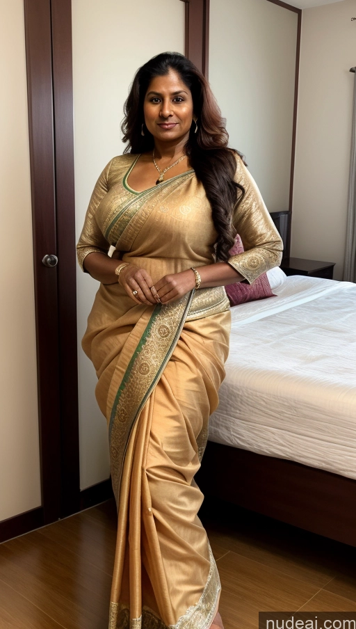 ai nude image of arafed woman in a sari standing in front of a bed pics of Milf Huge Boobs Beautiful Muscular Big Ass Thick Tall Dark Skin Seductive Indian Sexy Face Tattoos Long Hair 60s Ginger T-pose Long Legs Blouse Sari Bedroom Close-up View