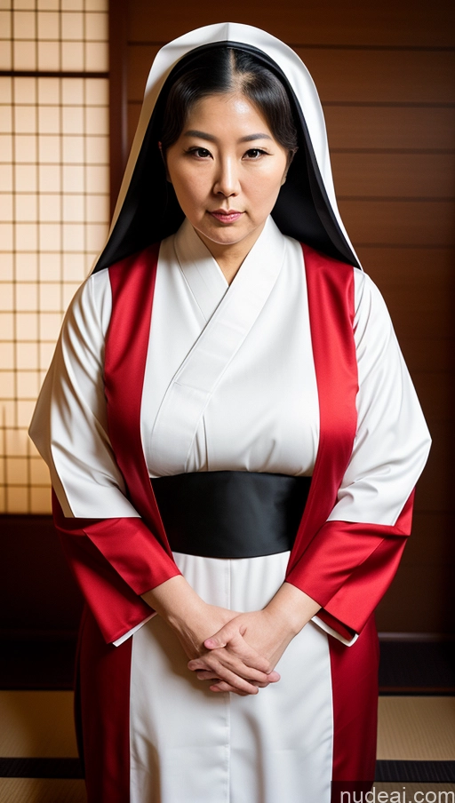 ai nude image of arafed woman in a white and red robe and black sash pics of Milf One Big Ass Chubby Fat Long Legs Tall Big Hips Serious Japanese Onsen Front View T-pose Nun Geisha Warm Anime 30s Beautiful