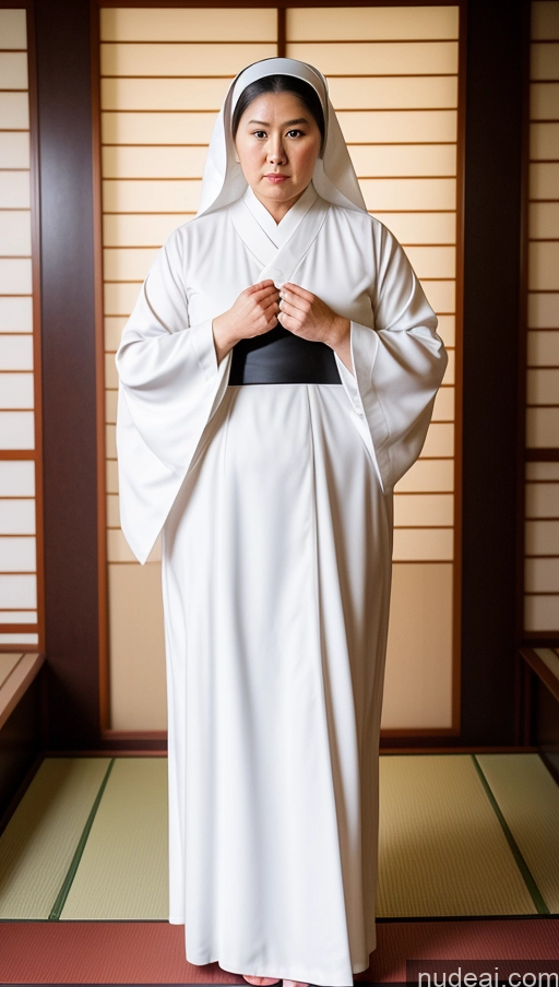 ai nude image of arafed woman in a white robe standing in a room pics of Milf One Big Ass Chubby Fat Long Legs Tall Big Hips Serious Japanese Onsen Front View T-pose Nun Geisha 30s Beautiful Watercolor