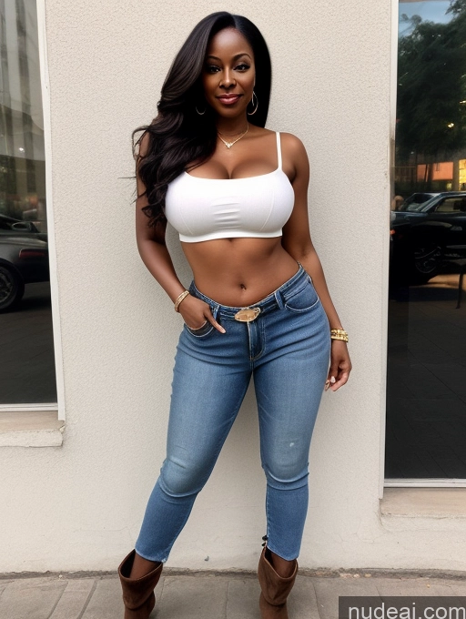 ai nude image of araffe woman in a white top and jeans posing for a picture pics of Busty Perfect Boobs Beautiful Perfect Body Dark Skin Nigerian Long Hair 50s Casual Boots 80s