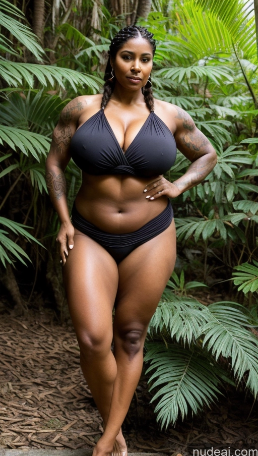 ai nude image of arafed woman in a black bikini posing in a tropical forest pics of Milf Huge Boobs Beautiful Big Ass Tall Seductive Sexy Face Tattoos Dark Skin Thick Indian Ginger Braided Jungle Muscular Abs Front View 70s T-pose Blouse Sari