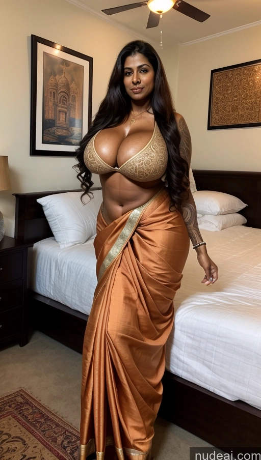 ai nude image of araffe woman in a sari posing in a bedroom pics of Milf Huge Boobs Beautiful Big Ass Tall Seductive Sexy Face Tattoos Dark Skin Thick Indian Muscular Abs 60s Long Hair Ginger Bedroom Blouse Sari Front View T-pose