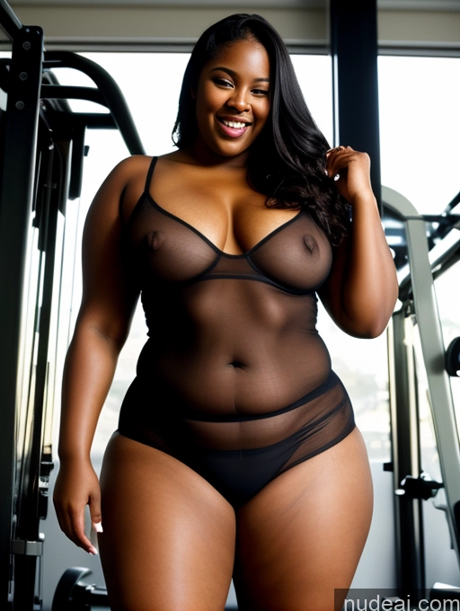 ai nude image of araffe woman in a black lingerie posing in a gym pics of Woman Big Hips Fat Chubby Big Ass Dark Skin 40s Laughing Black Hair Long Hair Nigerian Gym Nude Film Photo Front View Transparent Busty