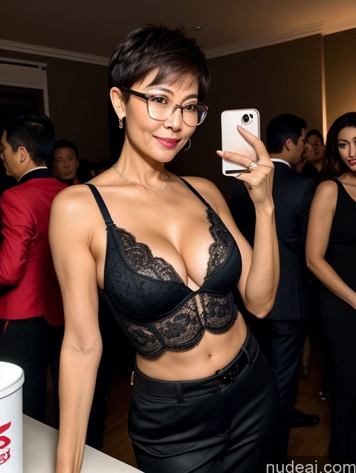 ai nude image of there is a woman taking a picture of herself in a bra pics of Milf Perfect Boobs Beautiful Glasses Perfect Body 50s Pixie Chinese Mirror Selfie Party Blouse Bra Jacket Suit Cleavage Dark Lighting Detailed