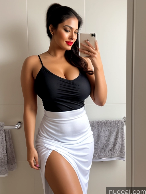 ai nude image of araffe woman in a black top and white skirt taking a selfie pics of Woman One Perfect Boobs Beautiful Lipstick Big Ass Chubby Long Legs Perfect Body 30s Seductive Black Hair Ponytail Indian Spreading Legs Dress Long Skirt Shirt Sexy Face Bathroom Towel