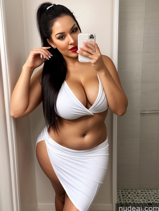 ai nude image of there is a woman in a white dress taking a selfie pics of Woman One Perfect Boobs Beautiful Lipstick Big Ass Chubby Long Legs Perfect Body 30s Seductive Black Hair Ponytail Indian Spreading Legs Dress Long Skirt Shirt Sexy Face Bathroom Towel