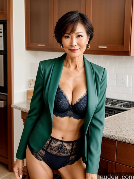 ai nude image of there is a woman in a green jacket and panties posing in a kitchen pics of Milf Perfect Boobs Beautiful Perfect Body 60s Pixie Chinese Kitchen Bra Casual Jacket Professor Stylish Suit Cleavage Detailed Sexy Face