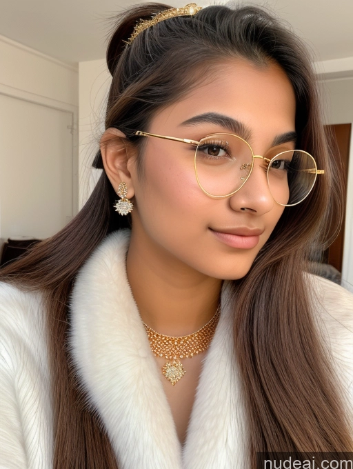 ai nude image of a close up of a woman wearing a white coat and glasses pics of Sorority Beautiful 18 Ponytail Diamond Jewelry Gold Jewelry Jewelry Thin Round Glasses Fur Indian