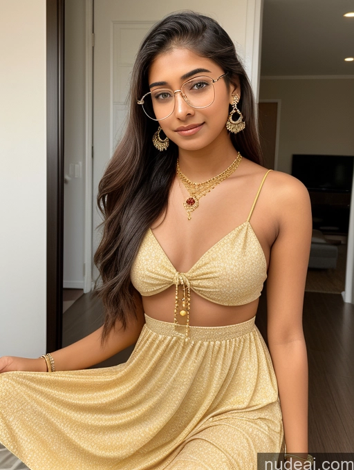 ai nude image of araffed woman in a yellow dress and glasses sitting on a bed pics of Sorority Beautiful 18 Ponytail Diamond Jewelry Gold Jewelry Jewelry Thin Round Glasses Indian Sundress