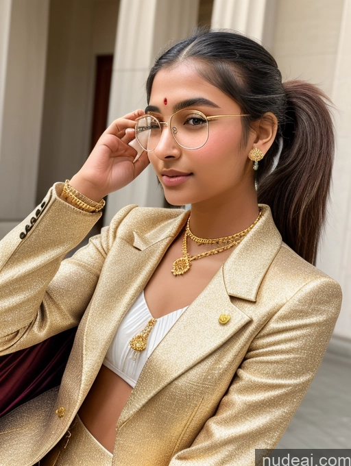 ai nude image of arafed woman in a gold suit and glasses talking on a cell phone pics of Sorority Beautiful 18 Ponytail Diamond Jewelry Gold Jewelry Jewelry Thin Round Glasses Indian Tailcoat