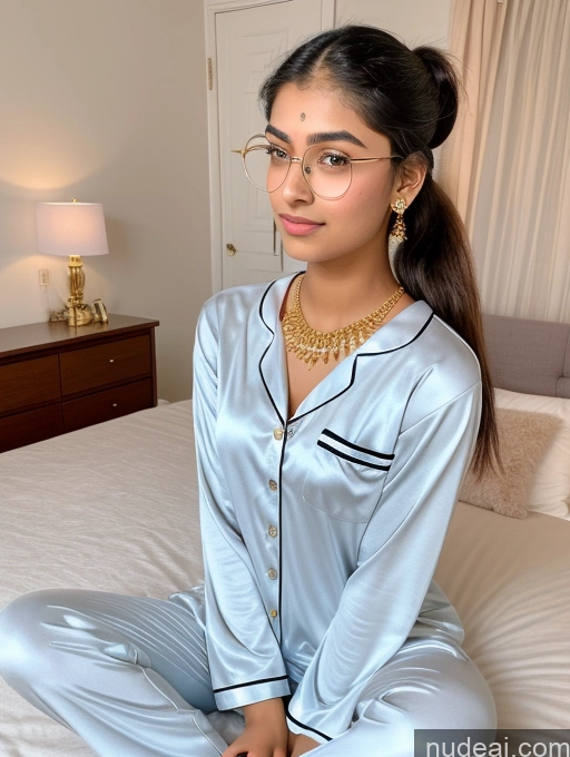 ai nude image of araffe woman in pajamas sitting on a bed in a bedroom pics of Sorority Beautiful 18 Ponytail Diamond Jewelry Gold Jewelry Jewelry Thin Round Glasses Indian Pajamas