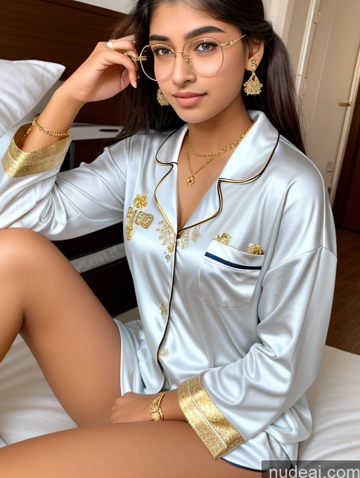 ai nude image of araffed woman in a white shirt and glasses sitting on a bed pics of Sorority Beautiful 18 Ponytail Diamond Jewelry Gold Jewelry Jewelry Thin Round Glasses Indian Pajamas