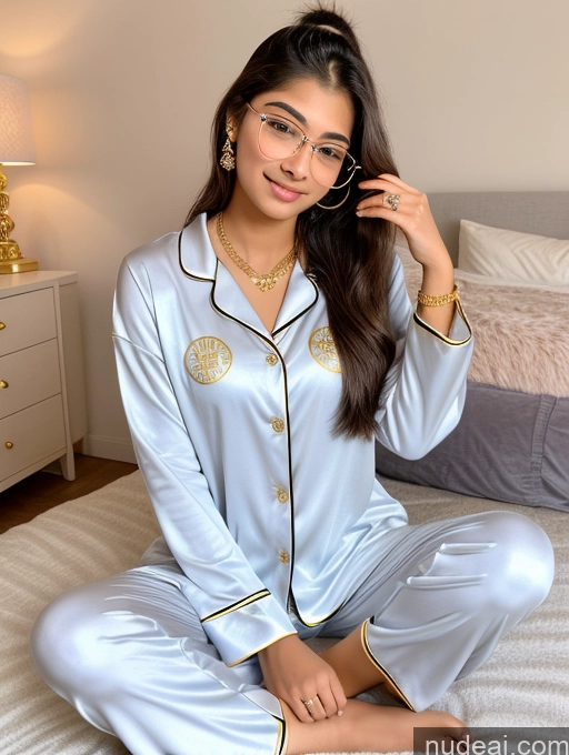 ai nude image of araffe woman in pajamas sitting on a bed with a pair of glasses pics of Sorority Beautiful 18 Ponytail Diamond Jewelry Gold Jewelry Jewelry Thin Round Glasses Indian Pajamas