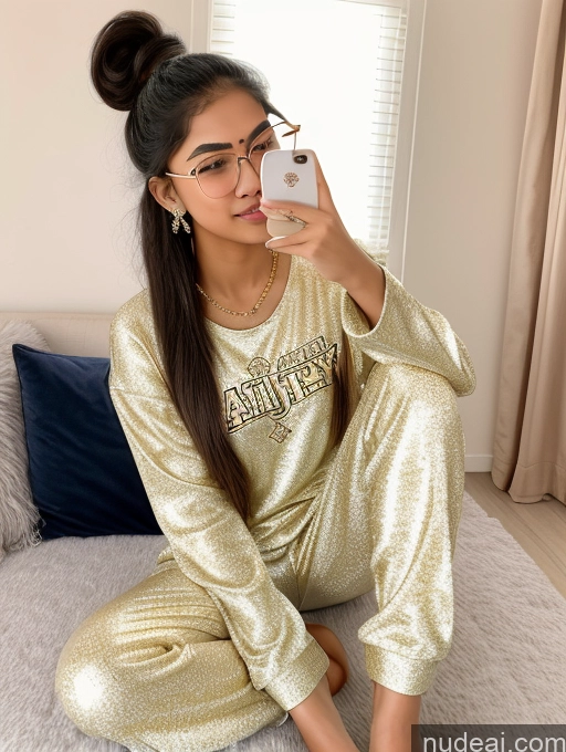 ai nude image of araffe wearing a gold pajama set taking a selfie pics of Sorority Beautiful 18 Ponytail Diamond Jewelry Gold Jewelry Jewelry Thin Round Glasses Indian High Heels High Socks Pajamas