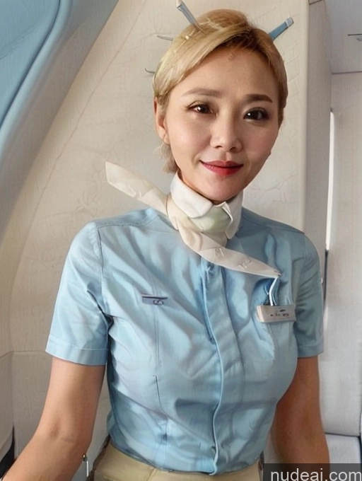 Blonde Hair Bun British Milf Short Stewardess Uniform