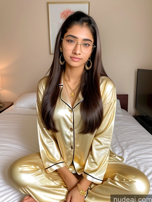 ai nude image of araffe woman sitting on a bed wearing a gold pajamas and glasses pics of Sorority Beautiful 18 Ponytail Indian Diamond Jewelry Gold Jewelry Jewelry Thin Round Glasses Pajamas Leather