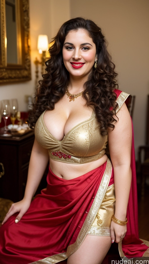 ai nude image of araffe woman in a red and gold sari posing for a picture pics of Milf Busty Beautiful Lipstick Thick Chubby Fat Big Hips Fairer Skin 20s Happy Seductive Brunette Curly Hair Russian Party Front View Straddling Sari Blouse Dirndl Victorian Cleavage Gold Jewelry