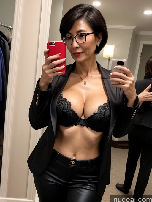 ai nude image of woman in black jacket taking selfie in mirror with cell phone pics of Milf Perfect Boobs Beautiful Glasses Perfect Body 50s Pixie Chinese Mirror Selfie Party Blouse Bra Jacket Suit Cleavage Dark Lighting Detailed