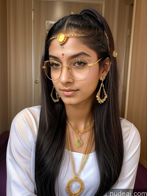 ai nude image of a close up of a woman wearing a white shirt and gold jewelry pics of Sorority Beautiful 18 Ponytail Indian Diamond Jewelry Gold Jewelry Jewelry Thin Round Glasses Cyberhelmet V3