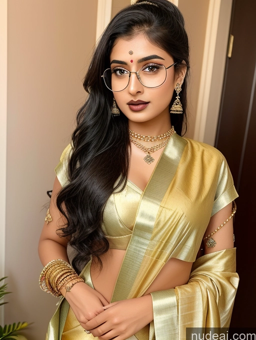 ai nude image of a close up of a woman wearing a gold sari and glasses pics of Sorority Beautiful 18 Ponytail Diamond Jewelry Gold Jewelry Jewelry Sexy Attire Temptation Indian Goth Thin Round Glasses Sari