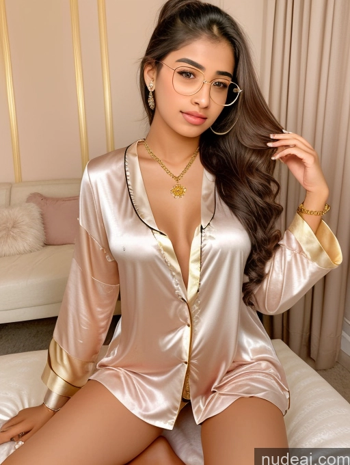 ai nude image of araffe woman in a gold robe and glasses sitting on a bed pics of Sorority Beautiful 18 Ponytail Indian Diamond Jewelry Gold Jewelry Jewelry Thin Round Glasses Sexy Attire Temptation Pajamas