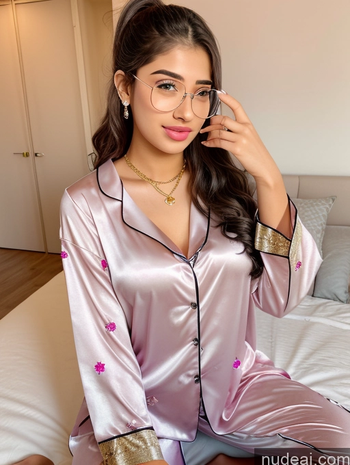 ai nude image of araffe wearing a pink satin pajamas and glasses sitting on a bed pics of Sorority Beautiful 18 Ponytail Indian Diamond Jewelry Gold Jewelry Jewelry Thin Round Glasses Sexy Attire Temptation Pajamas Ahegao Close Up Vaginal + Creampie