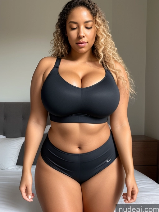 ai nude image of araffe woman in a black bikini and black panties standing on a bed pics of Woman Two Huge Boobs Busty Beautiful Big Ass Thick Short Big Hips 20s Sexy Face Blonde Curly Hair White Skin Detail (beta) Front View Sleeping Sports Bra Short Shorts