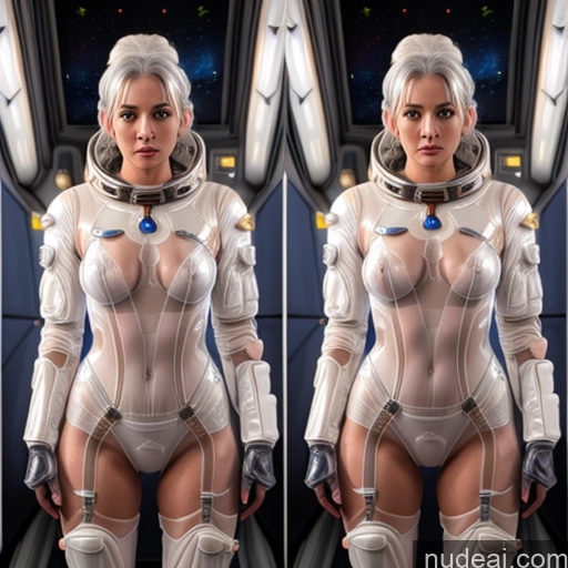 ai nude image of a close up of a woman in a space suit with a helmet on pics of One White Hair Bangs Italian Front View Spreading Legs Lingerie Space Suit Sci-fi Armor Transparent Onoff Lingerie Model