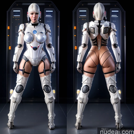 ai nude image of a close up of two pictures of a woman in a futuristic suit pics of White Hair Bangs Italian Front View Spreading Legs Lingerie Space Suit Sci-fi Armor Transparent Onoff Cyborg