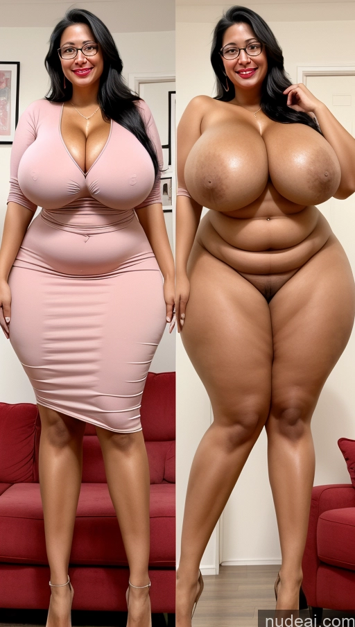 ai nude image of two pictures of a woman in a pink dress and a woman in a pink dress pics of One Busty Huge Boobs Perfect Boobs Beautiful Glasses Lipstick Big Ass Long Legs Tall Thick Big Hips 30s Happy Black Hair Long Hair Indian Couch Front View Spreading Legs Nude Blouse Onoff Illustration Milf