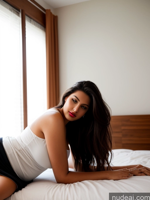 ai nude image of there is a woman laying on a bed with a white tank top pics of Woman One Perfect Boobs Beautiful Lipstick Big Ass Chubby Long Legs Perfect Body 30s Seductive Black Hair Indian Bedroom Dress Long Skirt Shirt Tall Sexy Face Long Hair Plank