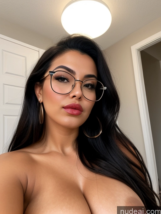 ai nude image of a close up of a woman with glasses and a big breast pics of Busty Black Hair Hair Bun Thin Round Glasses Topless Bathrobe Pouting Lips