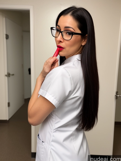 ai nude image of arafed woman in a white lab coat and glasses brushing her teeth pics of Woman One Perfect Boobs Beautiful Glasses Lipstick Perfect Body Fairer Skin Short 40s Shocked Black Hair Long Hair Latina Hospital Front View Blowjob Doctor Diamond Jewelry Dominatrix