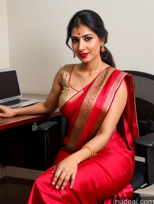 ai nude image of woman in red sari sitting at a desk with a laptop pics of Woman One Perfect Boobs Beautiful Lipstick Big Ass Long Legs Perfect Body 30s Happy Seductive Pouting Lips Ponytail Indian Front View Spreading Legs Dress Office Sari Traditional