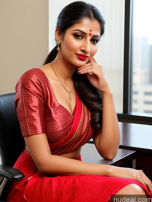 ai nude image of arafed woman in a red sari sitting in a chair pics of Woman One Perfect Boobs Beautiful Lipstick Big Ass Long Legs Perfect Body 30s Happy Seductive Pouting Lips Ponytail Indian Front View Spreading Legs Dress Office Sari Traditional