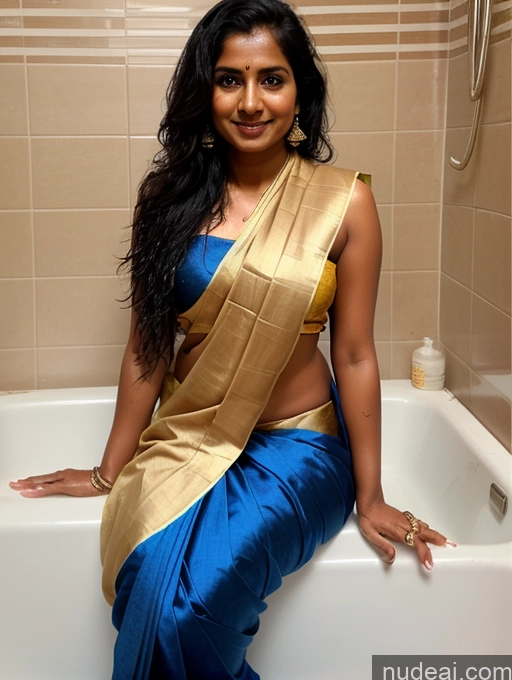 ai nude image of araffe woman in a blue sari sitting in a bathtub pics of Short Thick Pubic Hair Tanned Skin Dark Skin 20s Long Hair Indian Sari Teacher Bathing