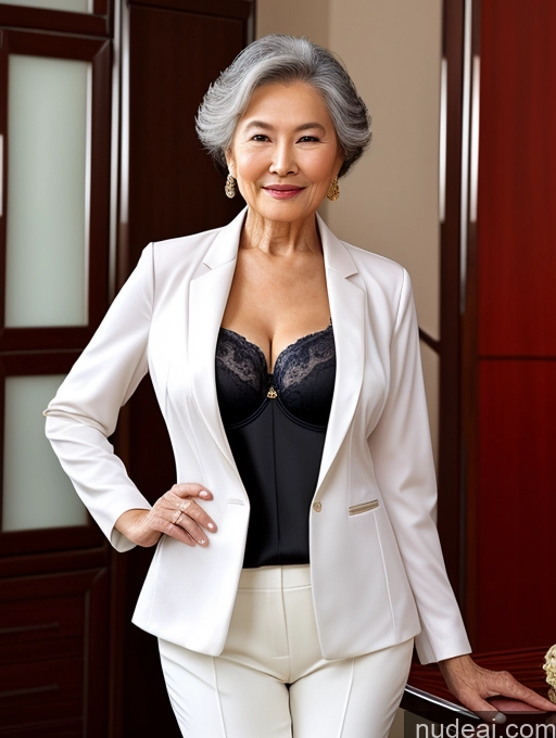 ai nude image of there is a woman in a white suit posing for a picture pics of Woman Perfect Boobs Beautiful Perfect Body Chinese Blouse Bra Jacket Professor Stylish Suit Detailed 80s