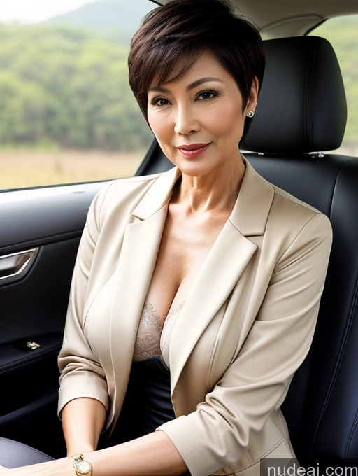 ai nude image of arafed woman in a car with a tan jacket and a watch pics of Milf Perfect Boobs Beautiful Perfect Body 60s Chinese Car Bra Casual Jacket Professor Stylish Suit Cleavage Detailed Sexy Face Short Hair