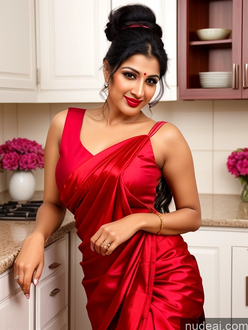 ai nude image of there is a woman in a red dress posing in a kitchen pics of Woman One Perfect Boobs Beautiful Lipstick Big Ass Long Legs Perfect Body 30s Happy Seductive Pouting Lips Ponytail Indian Front View Spreading Legs Dress Sari Traditional Kitchen