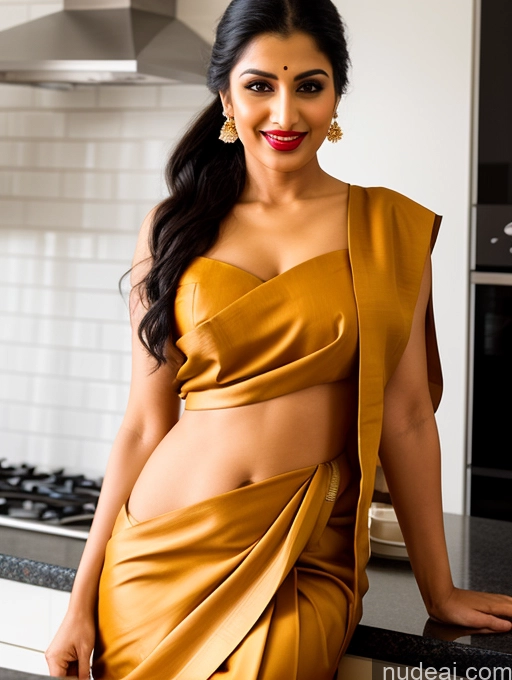 ai nude image of there is a woman in a yellow dress posing for a picture pics of Woman One Perfect Boobs Beautiful Lipstick Big Ass Long Legs Perfect Body 30s Happy Seductive Pouting Lips Ponytail Indian Front View Spreading Legs Dress Sari Traditional Kitchen