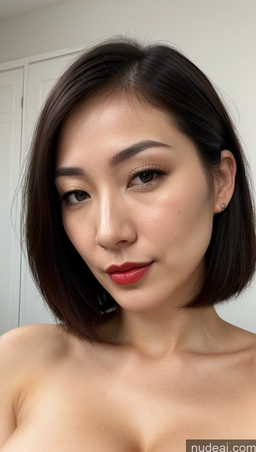 ai nude image of arafed asian woman with a red lip and a big breast pics of Woman One Huge Boobs Beautiful Lipstick Fairer Skin 30s Black Hair Bobcut Japanese Skin Detail (beta) Close-up View Simple